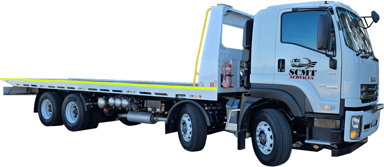 Heavy-duty Isuzu tilt tray tow truck with SCMT Services logo on the door, designed for transporting large vehicles or machinery.