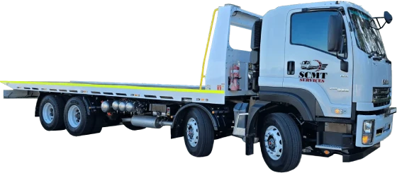 Heavy-duty Isuzu tilt tray tow truck with SCMT Services logo on the door, designed for transporting large vehicles or machinery.